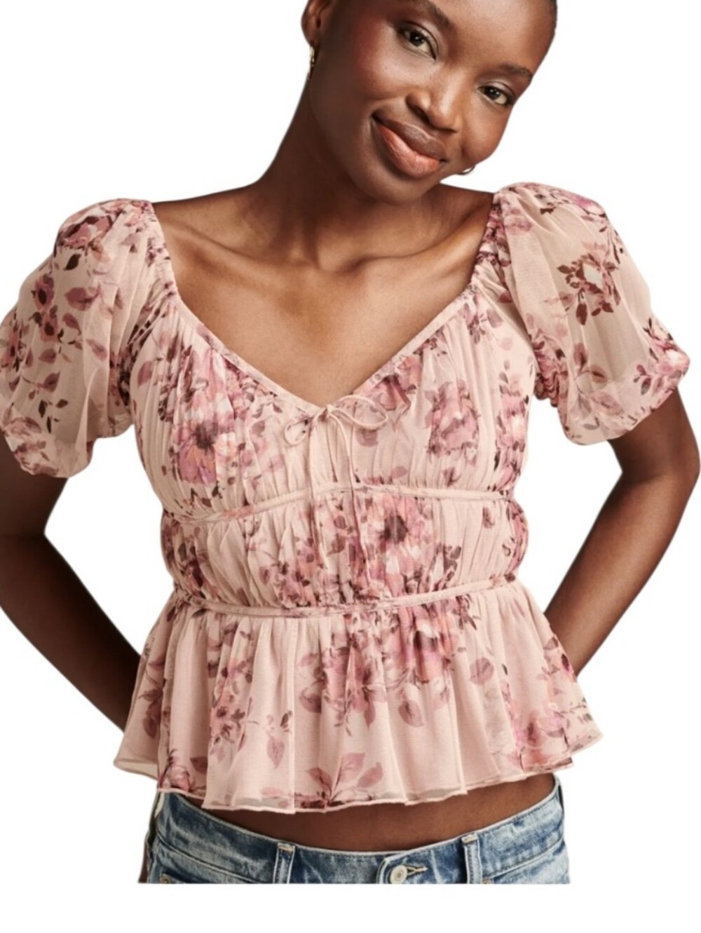 Lucky Brand Mesh Date Night Top L Floral Babydoll Fairycore Sheer Sleeves NEW